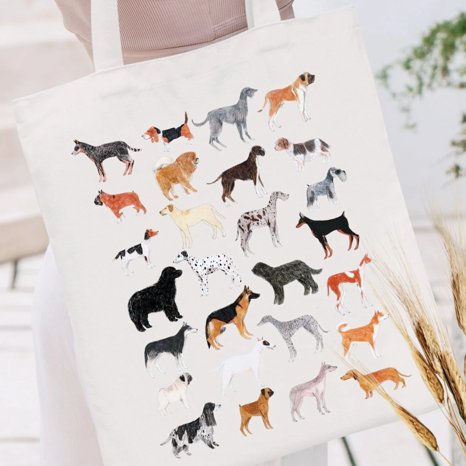 

White Canvas Shoulder Bag with Illustrations of Various Cute Dog Breeds Featuring PrintedPatterns of Small Dogs Animals and Pets