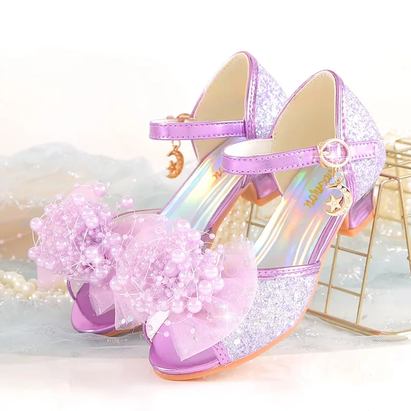 New Flowers Girls High Heels Bright Diamond Bowknot Children\'s Soft Soled Dance Shoe Princess Crystal Wedding Shoes Kids Sandals