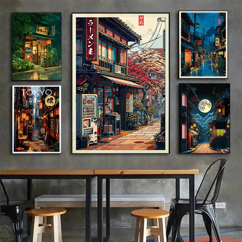 1pc Canvas Painting frameless Japanese Tokyo Teahouse Poster Anime Cafe Shop Canvas Poster Ghibli Work Street Cafe Scene Wall Ar