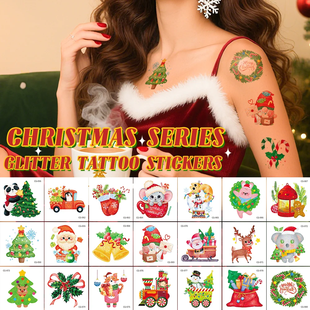 

20 Sheets Glitter Christmas Temporary Tattoo Stickers For Women Hand Face Tattoo Santa Claus Christmas Tree Elk Gingerbread Man