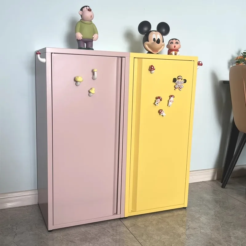 Bedroom storage cabinet Wrought iron children's bedside bookcase Macaron cream style household single door crevice