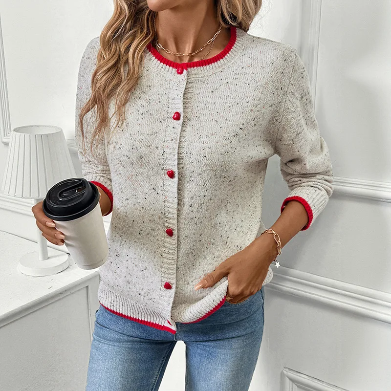 Women Sweet Color Block Knit Cardigan Round Neck Heart Button Long Sleeve Sweater Coat