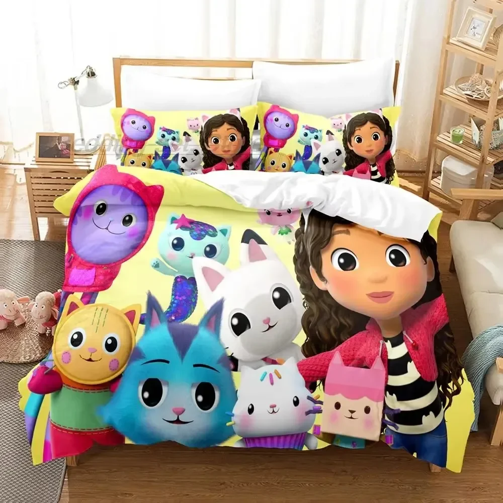 Gabbys Dollhouse Comfortable Duvet Quilt Cover Pillowcase Bedding Set Children Bedroom Decoration Home Textile