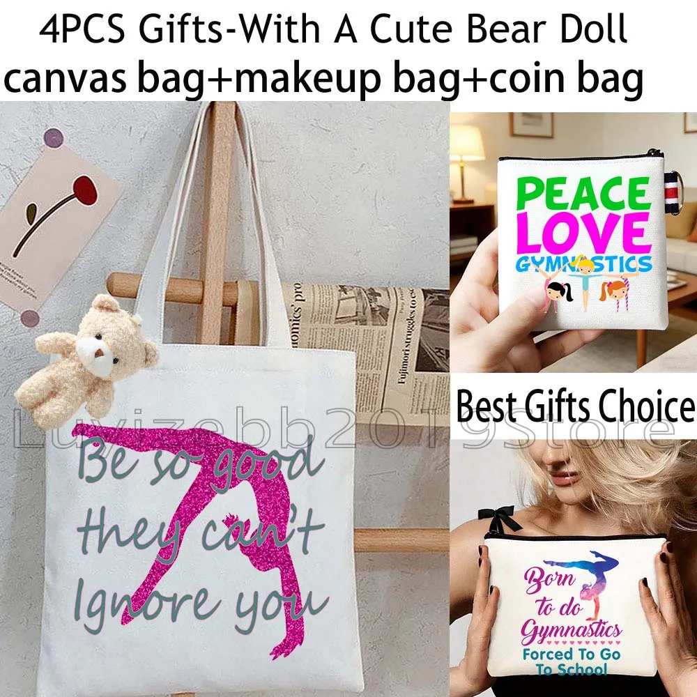 4PCS Gifts White Female Gymnast Art Gymnastics Girl Shopper Canvas Totes Bag Handbag,Cosmetic Makeup Bag,Coin Purse Wallet Pouch