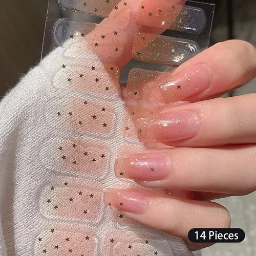 Imagen 1 del producto 14 puntas de pegatinas para decoración de uñas con purpurina, pegatinas autoadhesivas de Little Star, cubierta completa, envoltura de uñas de Gel sólido a la moda, manicura DIY, Deca de larga duración