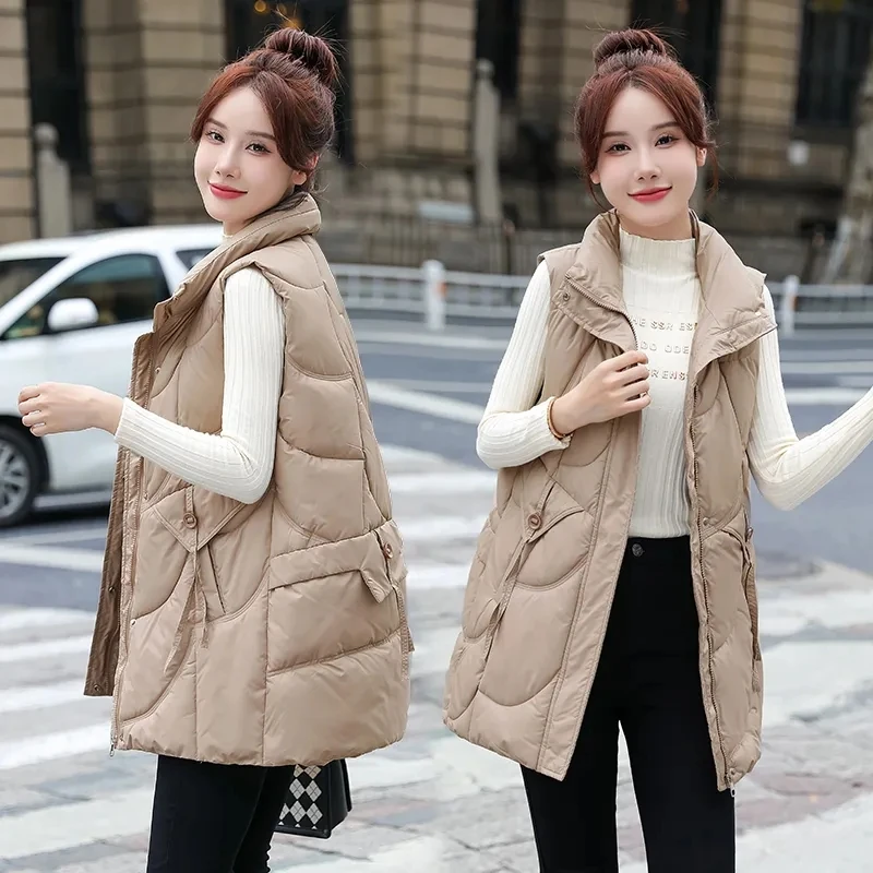 Autumn And Winter Down Cotton Vest Women Mid-Length Casual Wash Stand Collar Sleeveless Jacket Loose Thick Waistcoat Female W211