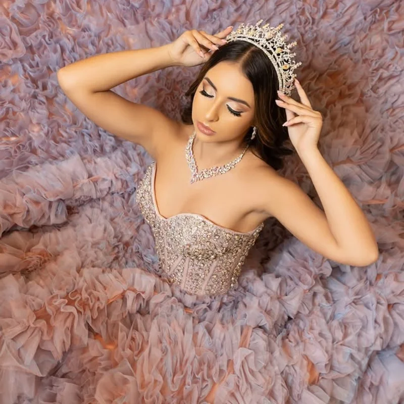 

Deep Purple Quinceanera Dress off-shoulder crystal Lace ruffles Decal Long tail Vestidos De 15 Quinceanera ﻿Customize