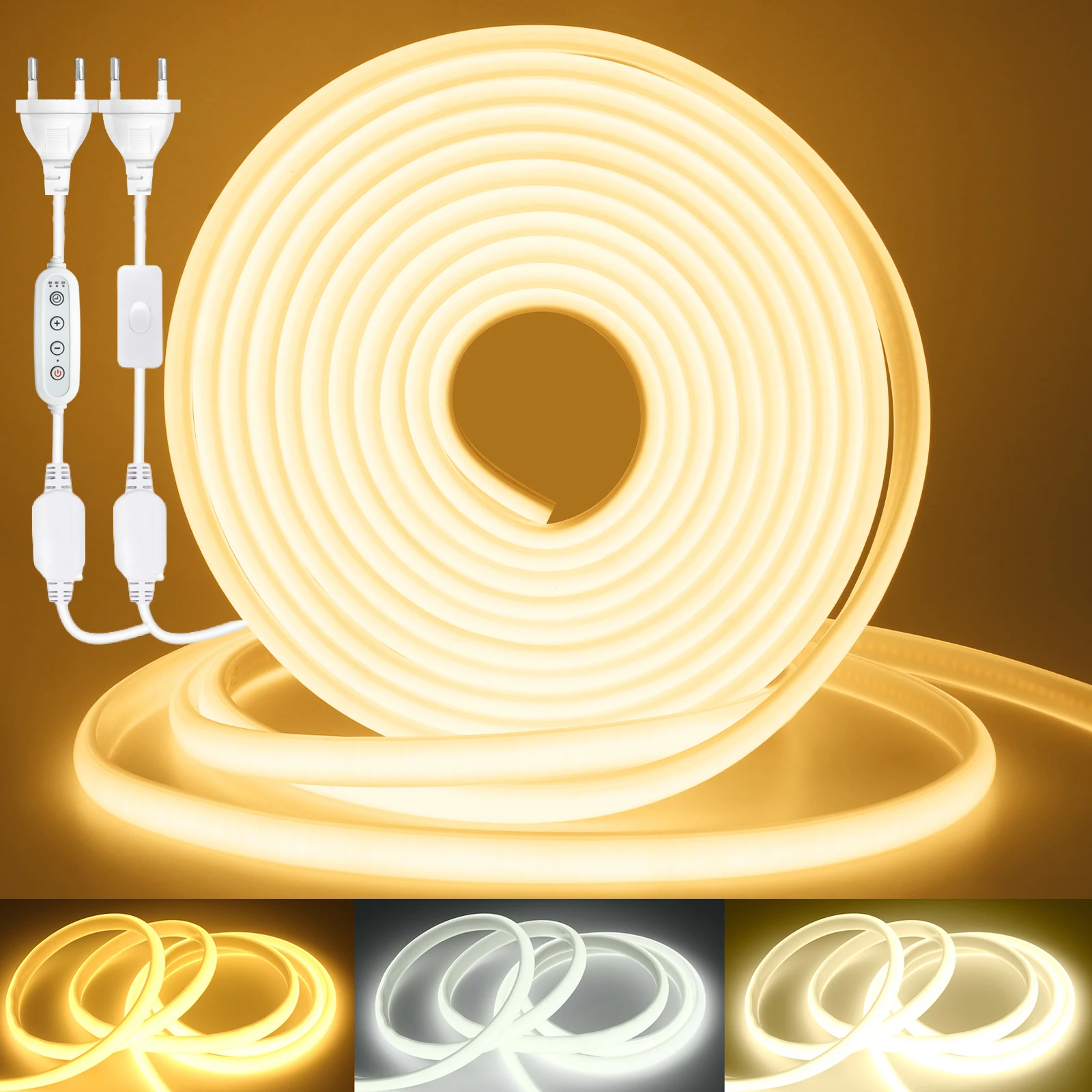 

220V Dimmable COB LED Neon Strip Light Dimmer Switch Waterproof 288LED Warm Natural White EU Plug Flexible Lamp Home Decoration