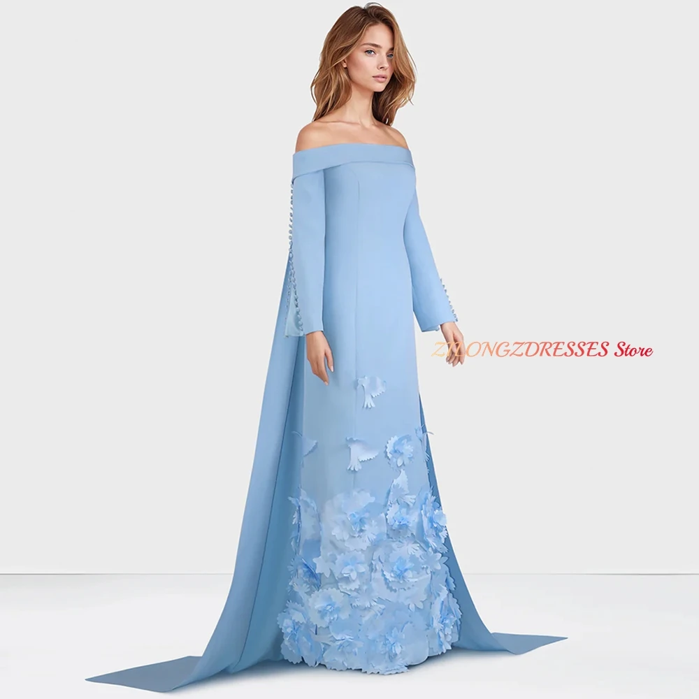 Formal 3D Flowers Customized Evening Dress Soft Blue Jersey Watteau Train Homecoming Dresses Buttons Special Occasion Gowns