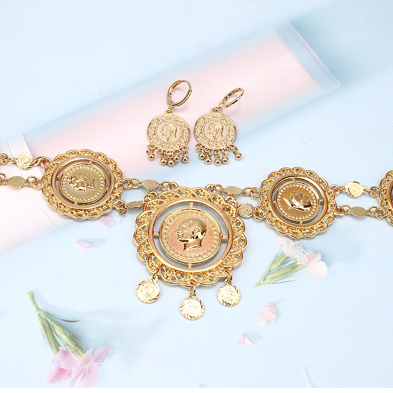 New Women\'s Jewelry Set Large Size Turkish Coin Pendant Muslim Islamic Necklace Women\'s Earrings Jewelry for Woman Earring