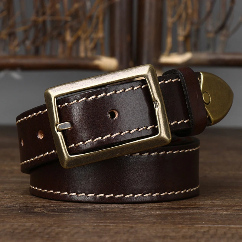 3.3CM Pure Cowhide High Quality Genuine Leather Belts for Men Women Strap Male Brass Buckle Jeans Cowboy Thickened Both Sides