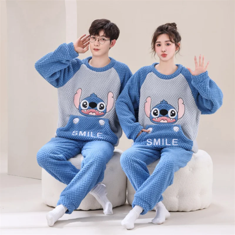 New Disney couple pajamas winter cartoon men\'s/women\'s coral fleece loose round neck Stitch loungewear women\'s pajamas