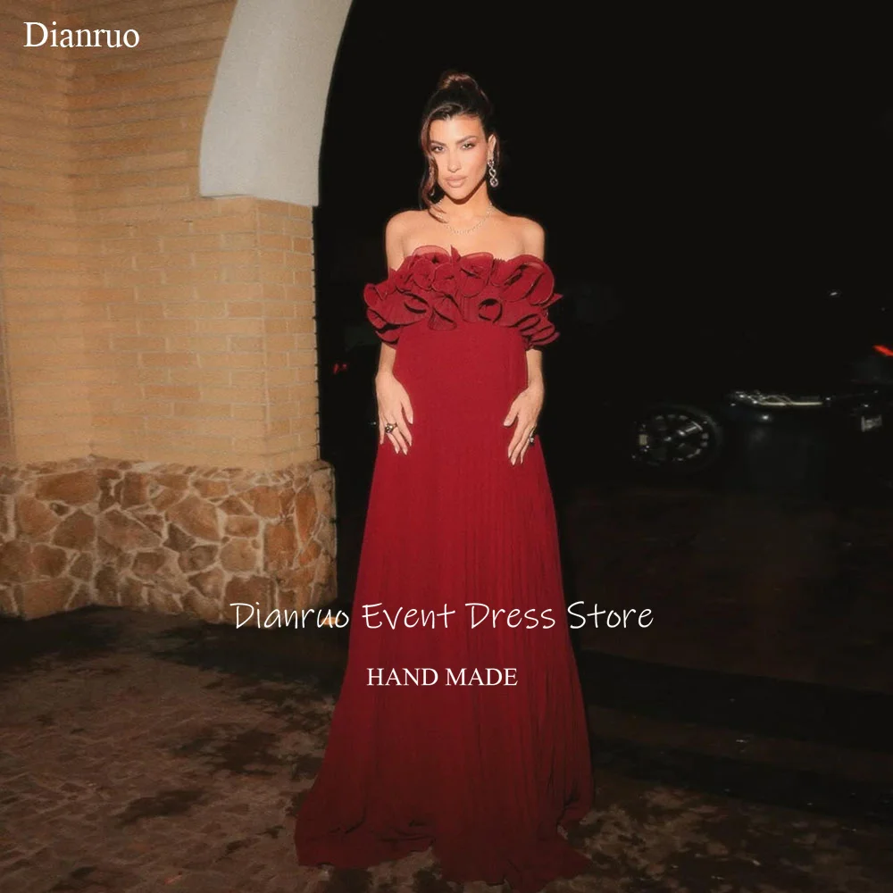 Dianruo красное трапециевидное свободное вечернее платье без бретелек, длинные вечерние платья с рюшами, шифоновые платья без рукавов для женщин, 2025 по индивидуальному заказу