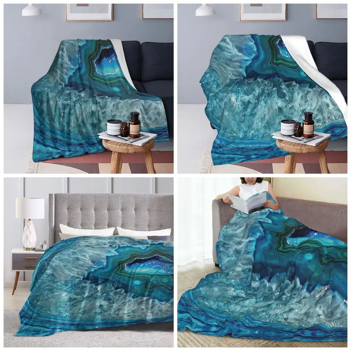 Teal Aqua Turquoise Blue Rock Agate Mineral Crystals Pattern Blanket  Flannel Throw Blanket Cover for Bed Travel Home Couch