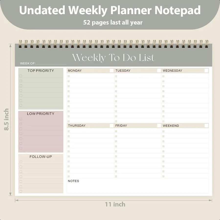 Weekly To Do List Notepad Undated Planner with 52 Sheets 8.5''x11'' Desk Weekly Planner for Women Man Home School Work (AGreen)