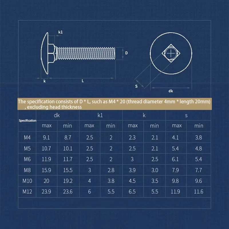 304 Stainless Steel Carriage Bolt Round Head Square Neck Screw Coach Bolt Cup Head Square Neck Bolt M4 M5 M6 M8 M10 M12