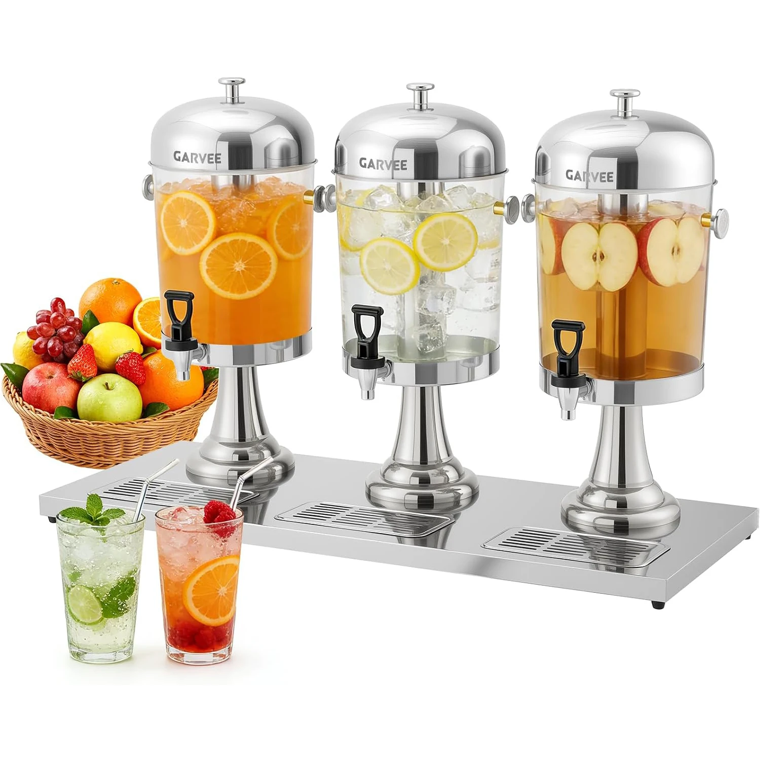 6.6 Gal Triple Beverage Dispenser with Center Ice Core, 3 x 2.2 Gal Drink Dispenser with Gold Stainless Steel Stand & Drip Trays for Cold Drinks, Juice, Iced Tea, Buffet & Parties