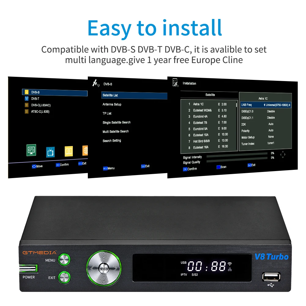 جهاز استقبال قمر صناعي GTMEDIA DVB-S2 V8 Turbo HD 1080P مع فتحة بطاقة CA للصوت والفيديو المنزلي
