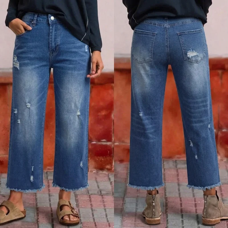 Women's Retro Washed Distressed Jeans High Elasticity Frayed Edges Cropped Straight Leg Denim Pants