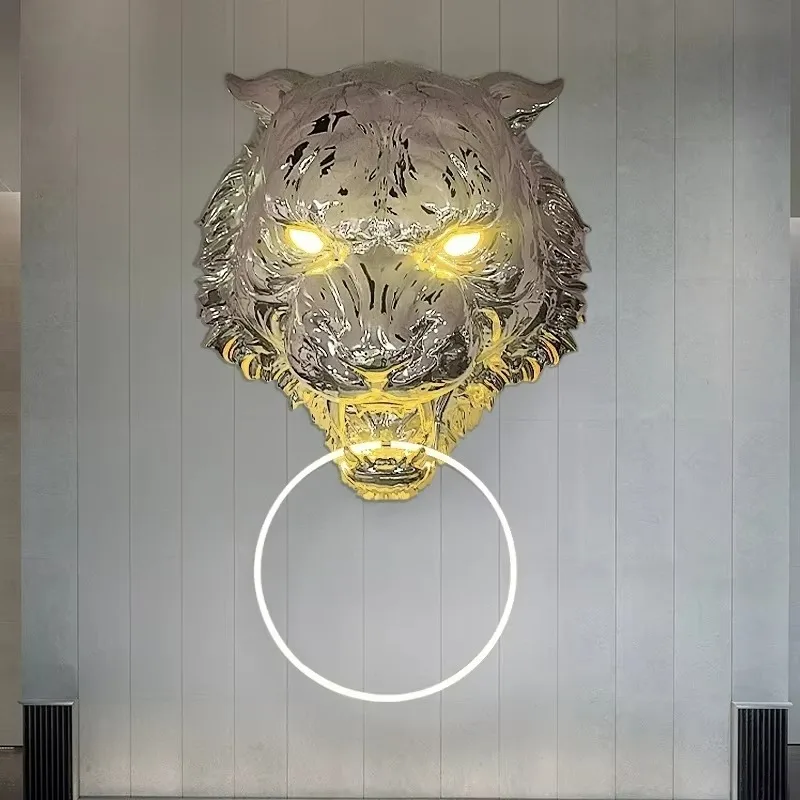 3D tiger sculpture with realistic fiberglass material and LED lights for the entrance hall and entrance door