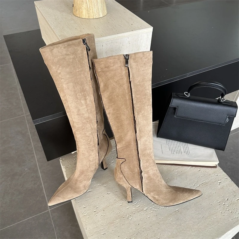 

Новые коричневые, черные замшевые высокие сапоги на тонком каблуке в стиле ретро, модные женские сапоги в европейском и американском стиле для отдыха и отдыха, отпуска, размеры 35–43