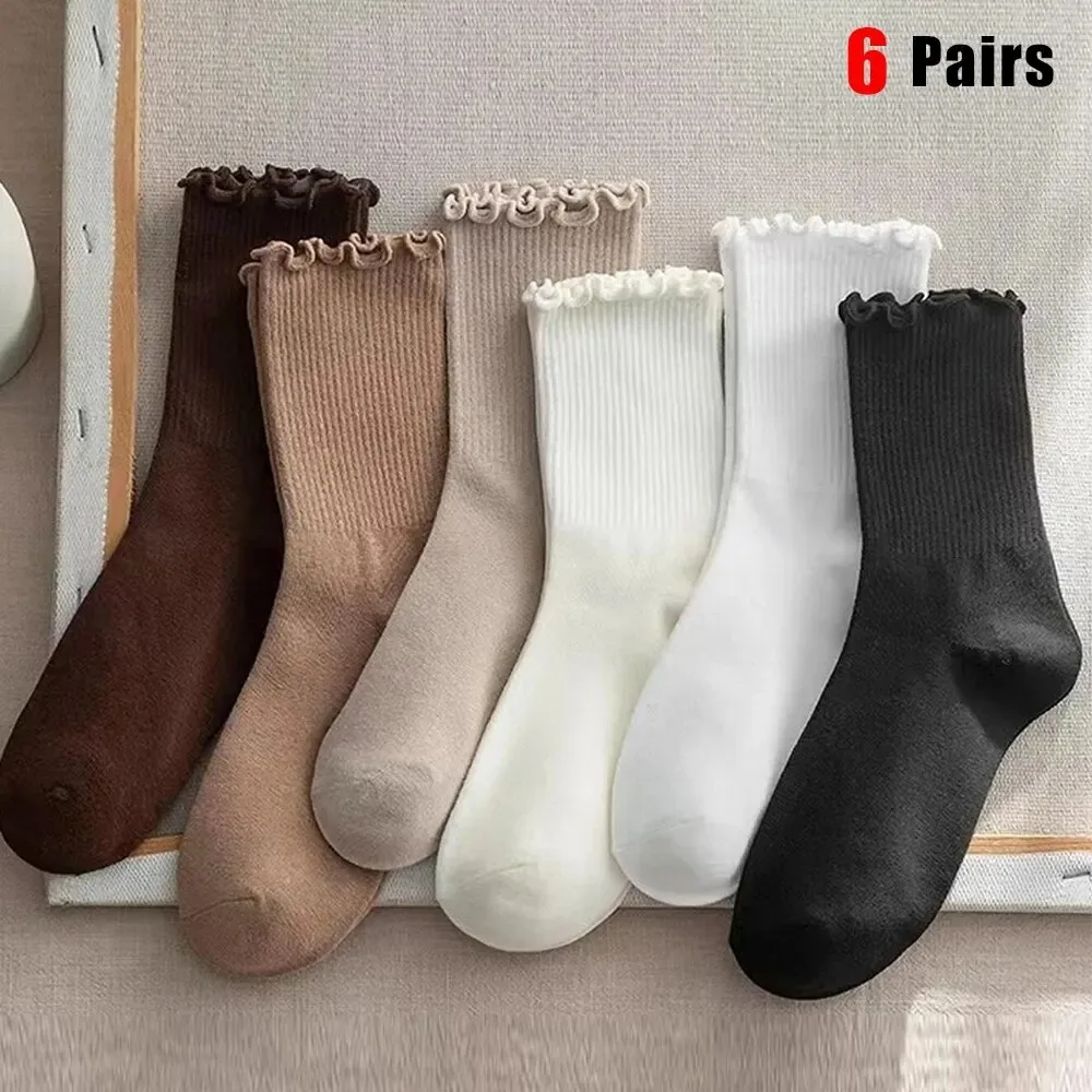 6 Pairs/Lot Ruffled Mid Length Socks Women's Breathable Solid Color Set Spring and Autumn Comfort Sweat-absorbing Girls' Socks