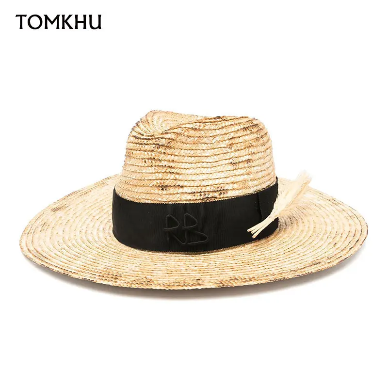 Fashion High Quality Custom Made Natural Wheat Straw Boater Fedora Women Summer Beach 
