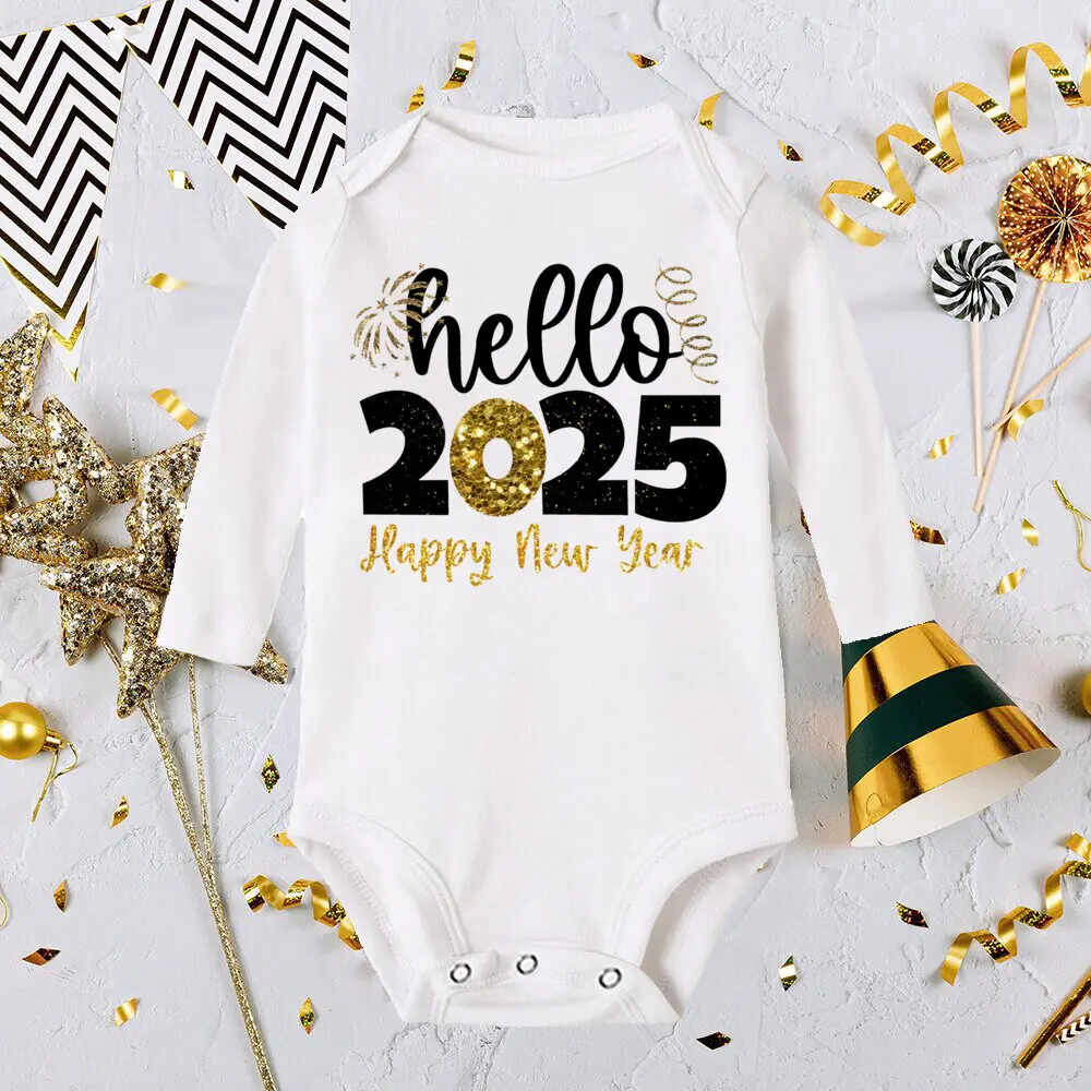 Hello 2025 Baby Rompers Newborn Long Sleeve Infant Jumpsuit It\'s My First New Year Baby Bodysuit Toddler New Year Ropa Clothes