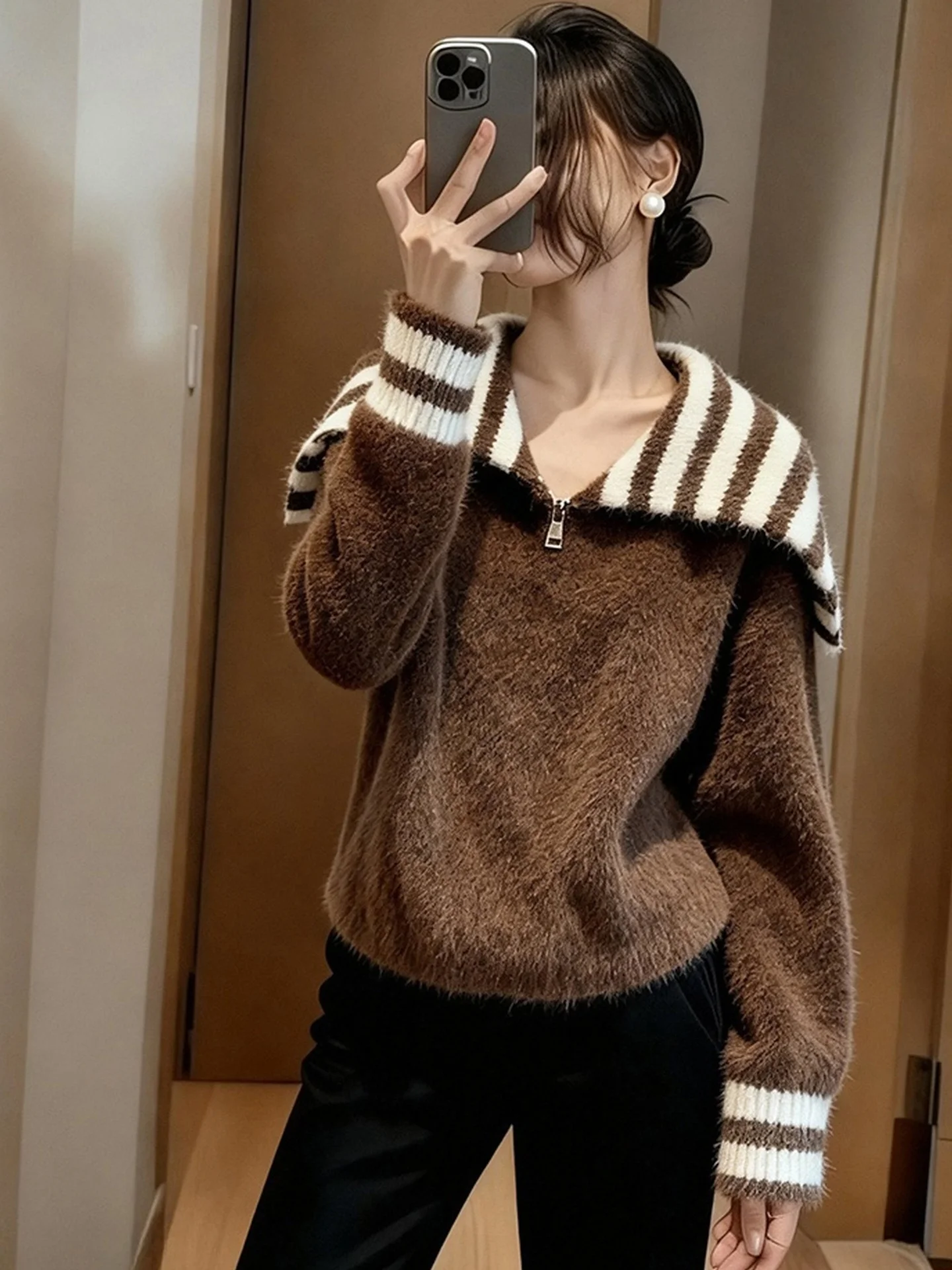 

Thiened Oversized Long Sve Knitted Sweater Hooded Warm Winter Top Trendy Casual Korean Sle Striped Pattern Women's Fas...