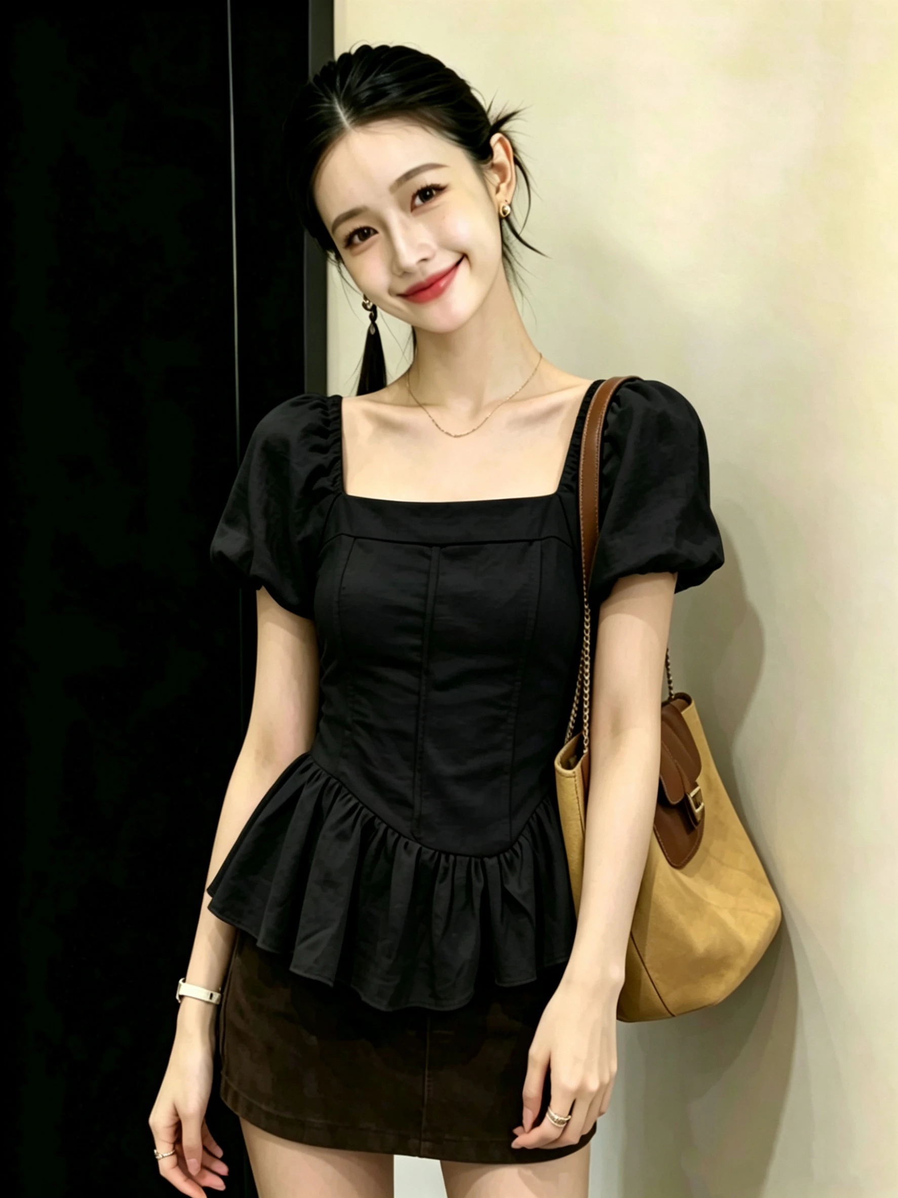 

Black Square Collar Bubble Short Sleeve Women's Summer New Sweet Fashion Design Sensation Lace Trim Short Sleeve Top