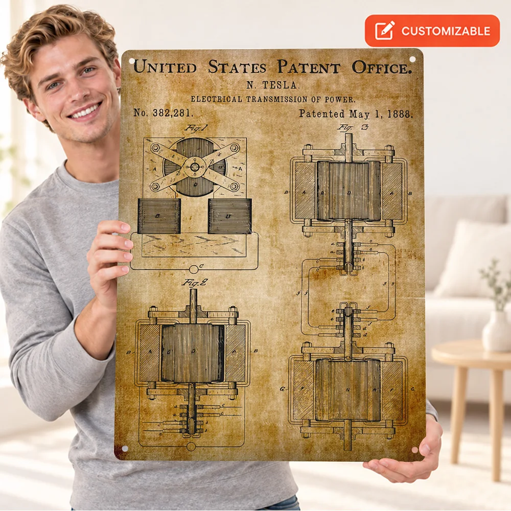 Tesla Power Transmitter 1888 Patent Engineering Textured Metal Poster Personalized Aluminum Sign Graphic Wall Art For Workshop