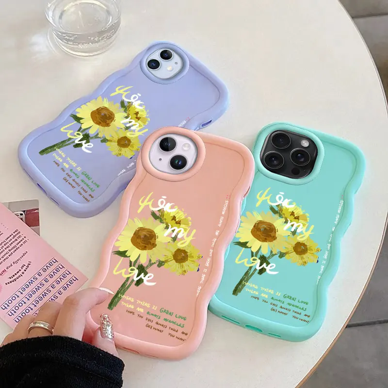 Flower Oil Paint Macalong Phone Case for iPhone XR 11 12 13 14 15 16 PRO MAX PLUS Soft Coque Wavy edged Shockproof Cover