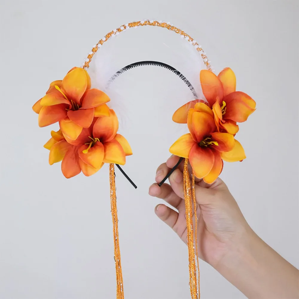 

Fashion Feather Flower Headband Bead Pearl Tassel Hair Hoop Cloth Headwear Hanfu Hair Accessories Girls