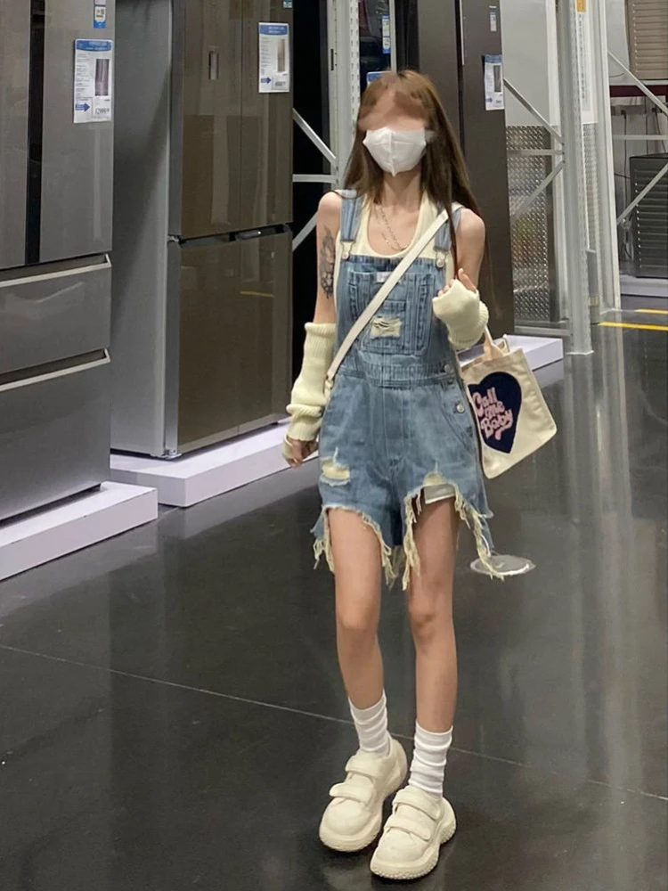 

Женские комбинезоны с рваными рваными винтажными уличными комбинезонами в стиле Харадзюку, летние модные элегантные милые кавайные шикарные универсальные комбинезоны для девочек