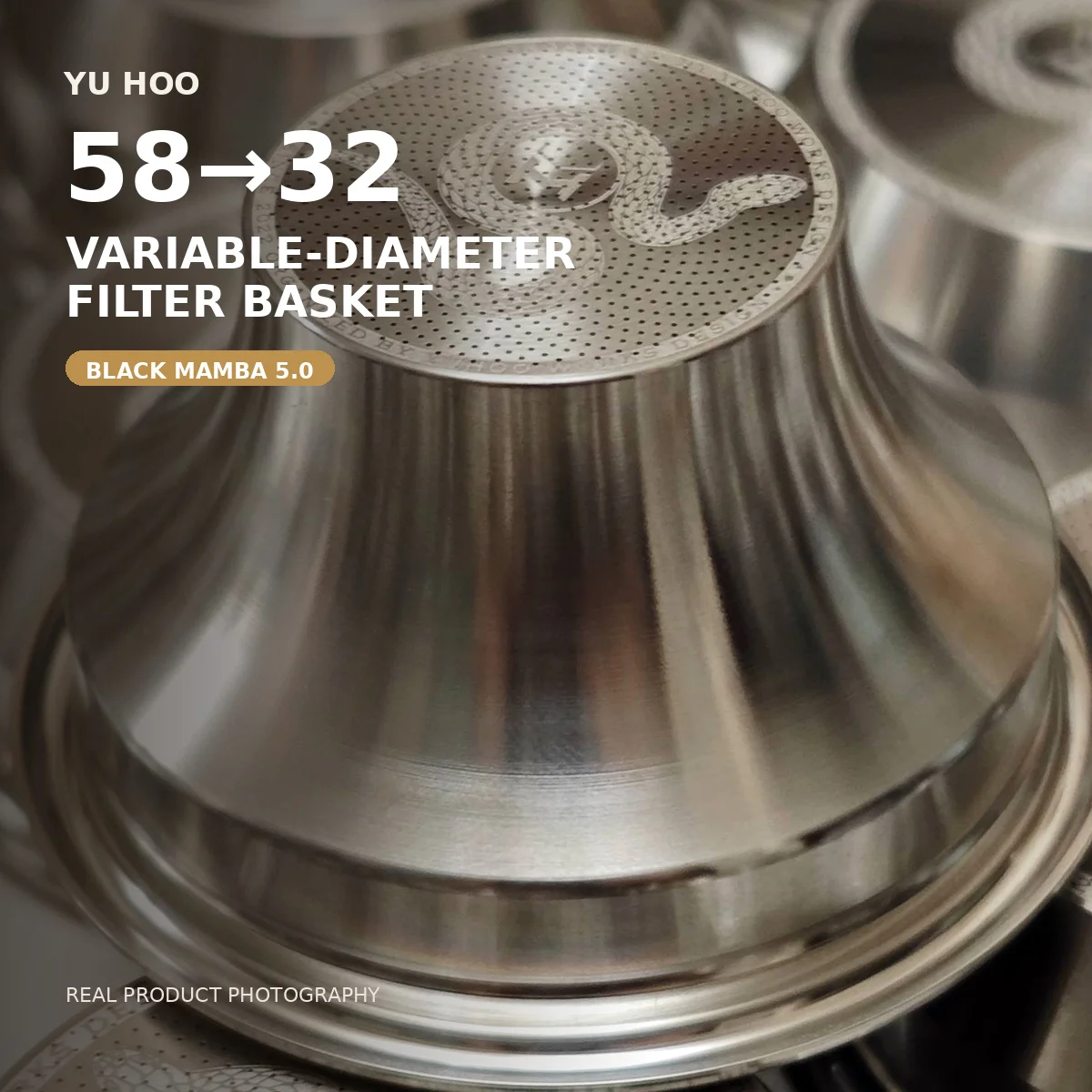 Yuhoo 58-32mm Variable Diameter Coffee Filter Basket CNC 5.0 Smooth Flow Even Extraction Balanced Flavor Boost Coffee Rich Sweet