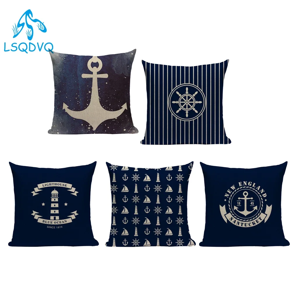 Decorative Throw Pillows Case Blue Mediterranean Sailing Anchor Rudder Geometric Polyester Cushion Cover for Sofa Car Home