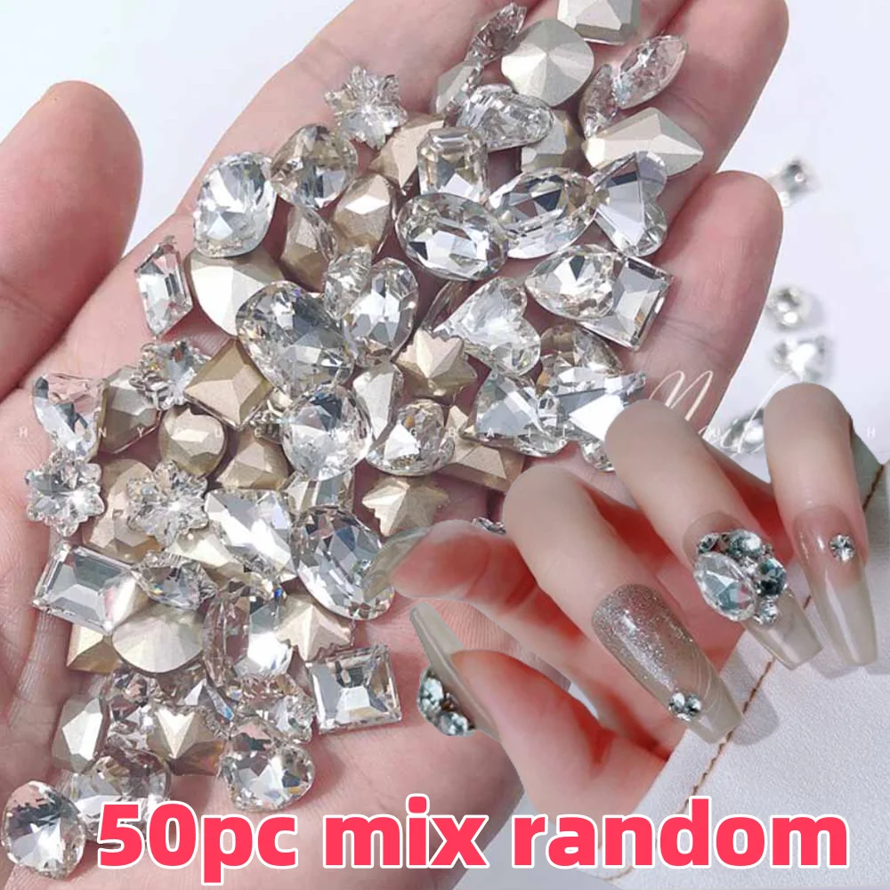 50 Stück 3D K9 glänzende weiße Kristall-Nagelkunst-Strasssteine in verschiedenen Formen, spitzer Boden, Glasdiamanten, Nagel-Charms, DIY-Nägel-Zubehör