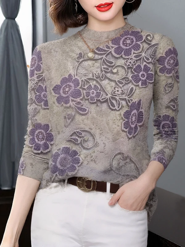 

Elegant Thickened Fleece Long Sleeve Printed Base Shirt Women's Mid-Aged Slimming Top High Collar Pattern Daily Wear