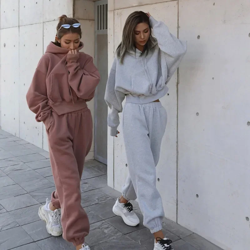 Two Piece Set Women Hooded Sweatshirt Pant Sets Solid Full Sleeve Thick Tops Pullover Pockets Midi Waist Trousers Sporty Suit