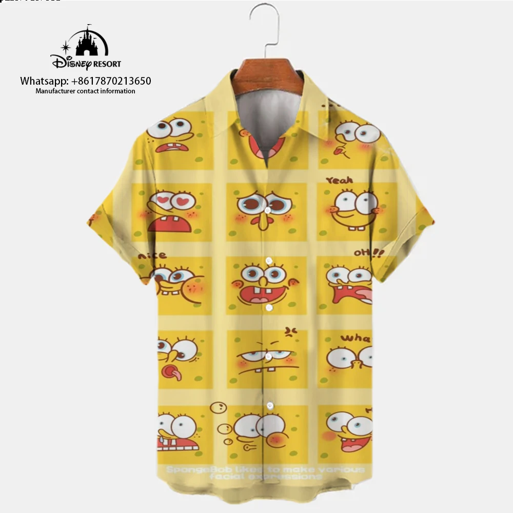 2024 New Harajuku Street Spongebob Cartoon Summer Fashion Casual Trend Versatile Men\'s Lapel Short Sleeve Shirt Top