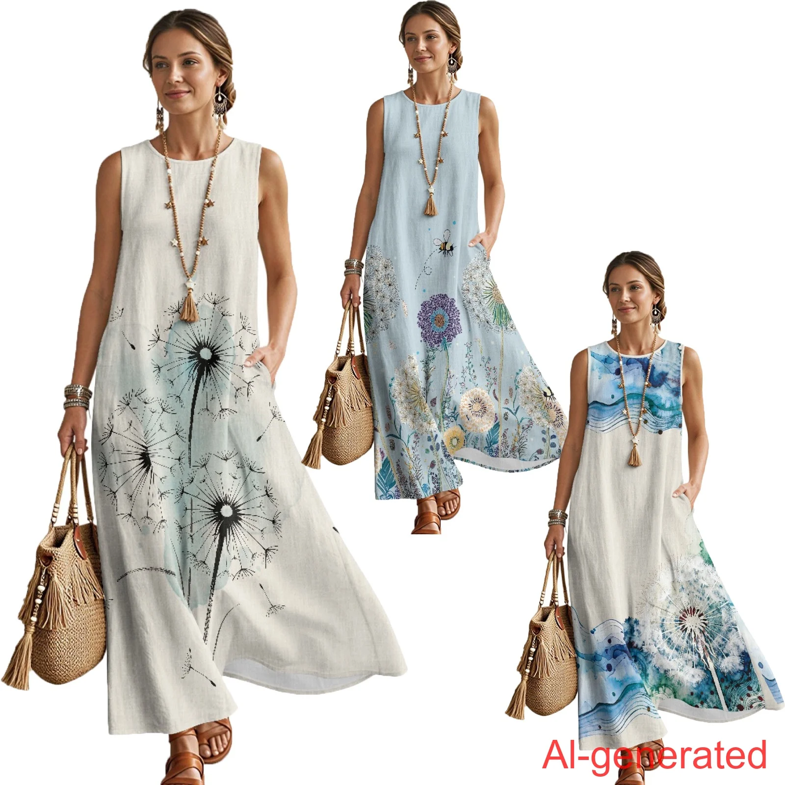 

INSTANTARTS Women‘S Imitation Linen Loose Skirt Comfortable Home Maxi Dress Cool Summer Sleeveless Dresses Vacation Outfits