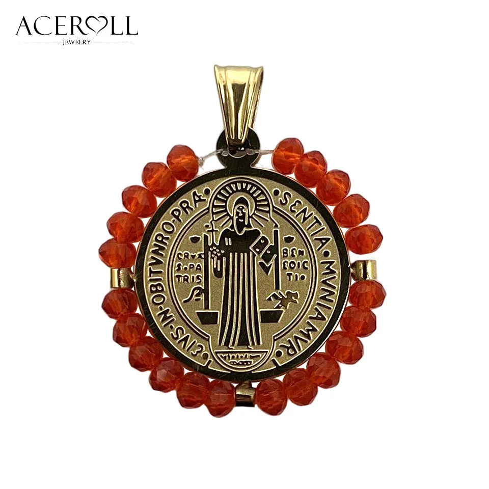 ACEROLL Stainless Steel Pendant of Miraculous Medal and Saint Benedict With Crystals