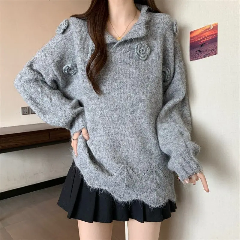 秋冬無地刺繍Vネック袖グレー3Dフラワーセーター大きいサイズレディースインナーウェアニットトップスおしゃれ