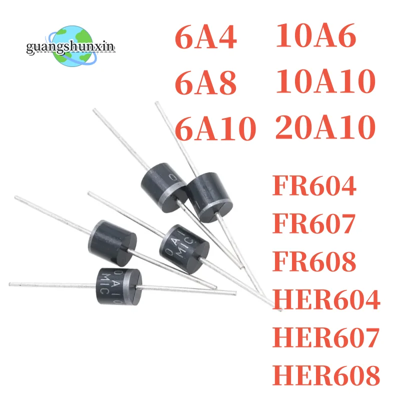 20Pcs Rectifier Diode R-6 6A4 6A6 6A8 6A10 10A4 10A10 20A10 FR604 FR607 FR608 HER604 HER607 HER608 6A 400V 600V 800V 1000V