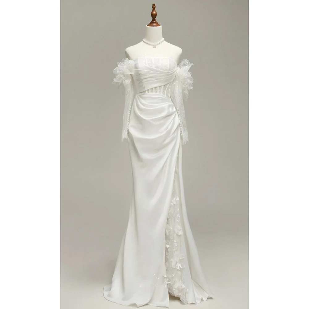 Elegant White Satin Off-Shoulder Mermaid Dress with Lace Flower Sleeves High Slit Bridal Evening GownFormal Party Dress
