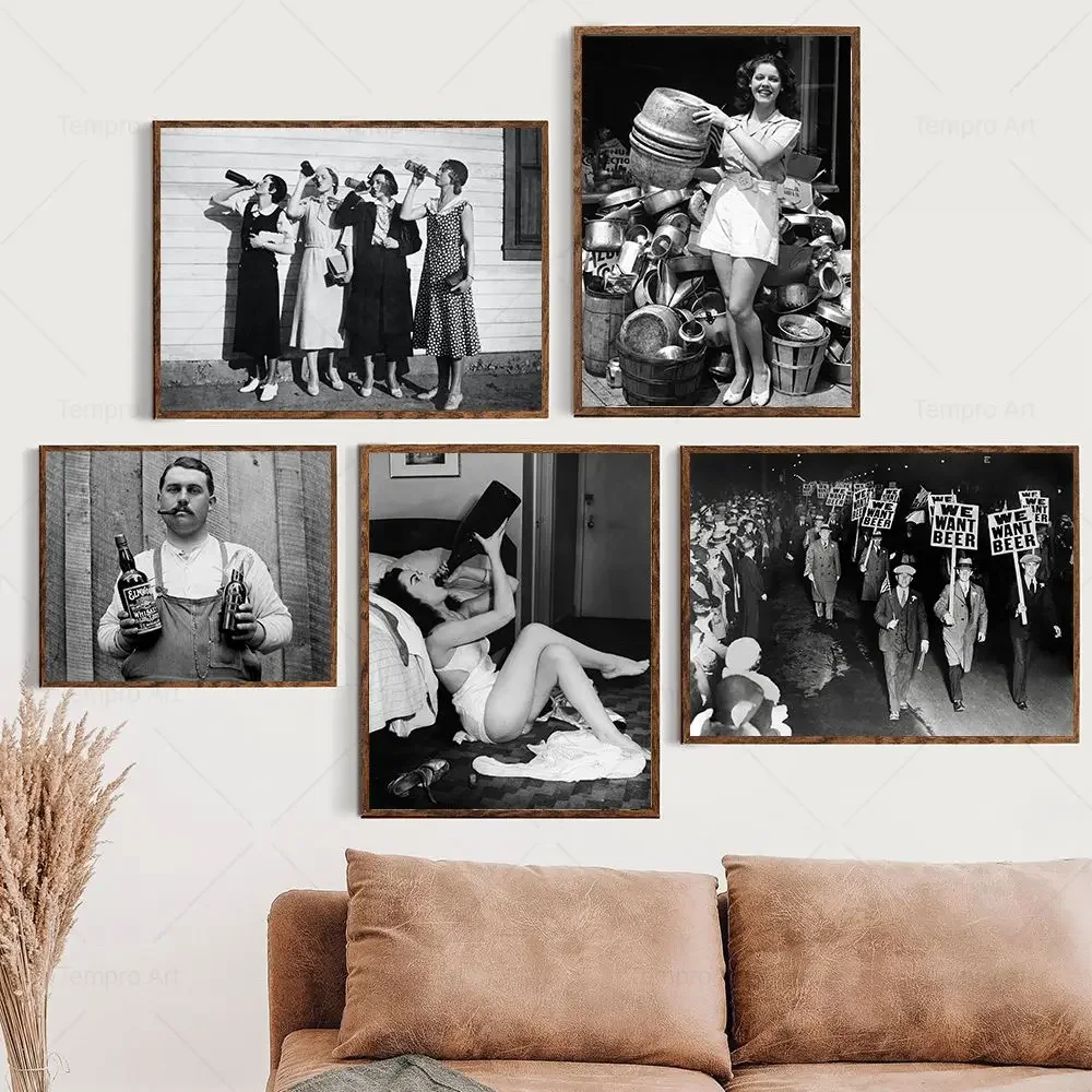 Vintage Flapper Girls Drinking Poster Retro Beer Wine Black and White Canvas Painting Wall Art Pictures Living Room Home Decor