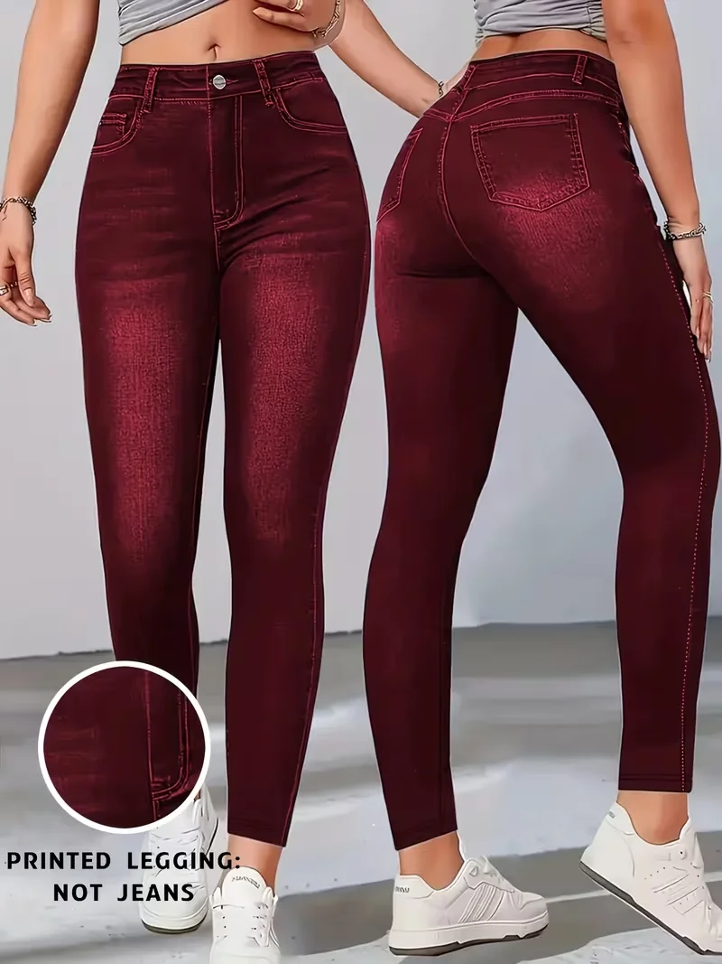 Printed Legging‑Not Denim Fabric All‑over Faux‑Denim Printed Long Pants with Faux Pocket and Button Print Details. New‑Arrival