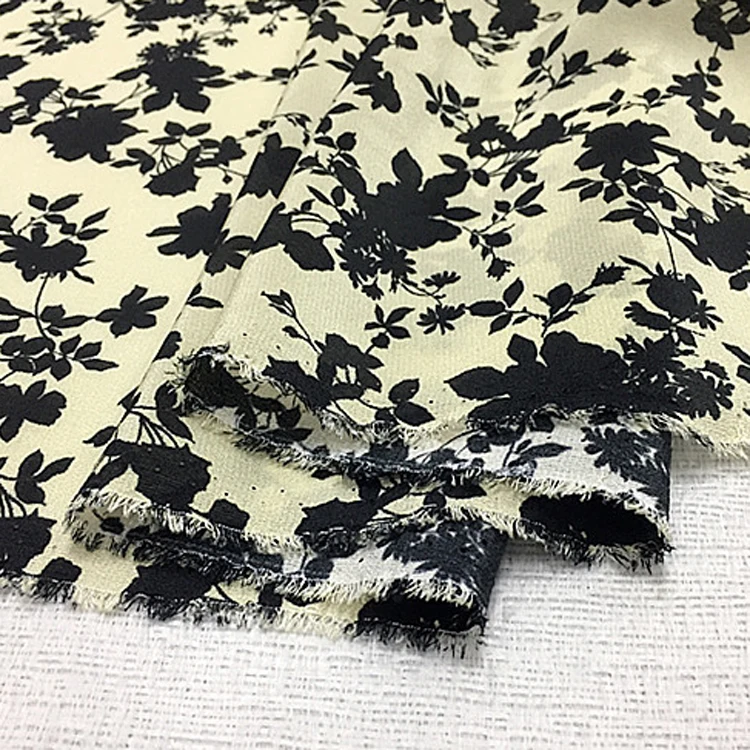 2022 new arrival 100% mulberry silk fabric pure silk crepe de chine fabric black floral on light yellow bottom,SCDC1416