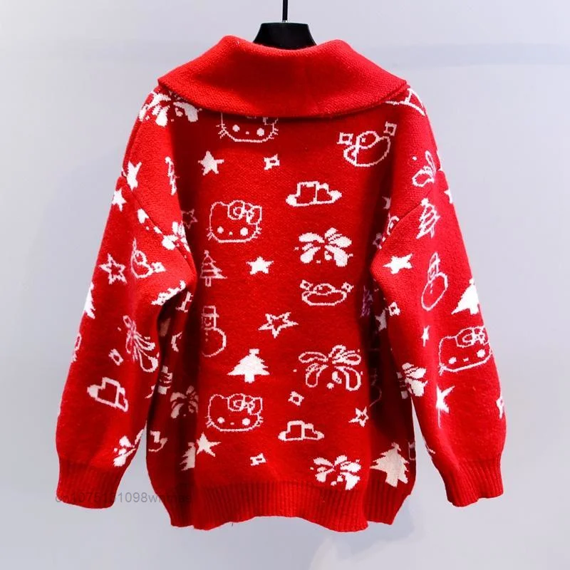 Christmas Hello Kitty Sweet Knitted Pullovers Sweater with Scarf for Women Y2k Sanrio Cute Cartoon Casual Loose Knitwear Tops