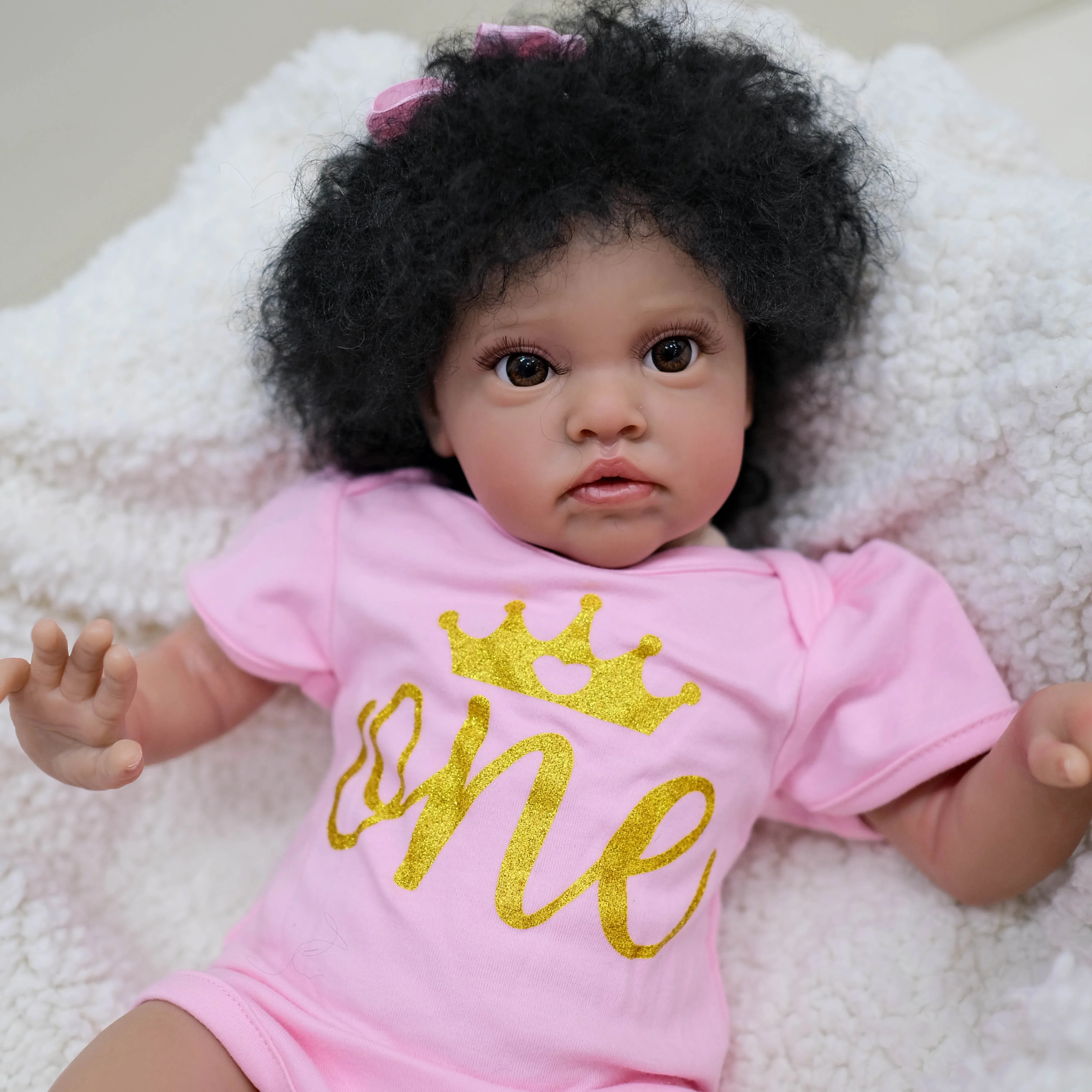 NPK 20inch Chantal  Already Painted Finished Reborn Baby Doll in Dark Brown Skin Awake Baby 3D Painting with Visible Veins